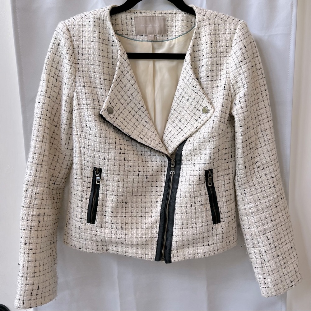 Banana Republic White Vegan Leather Trim Motorcycle Tweed Blazer 6